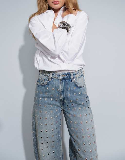 & Other Stories straight leg jeans with eyelets in mid wash blue, 2 of 5