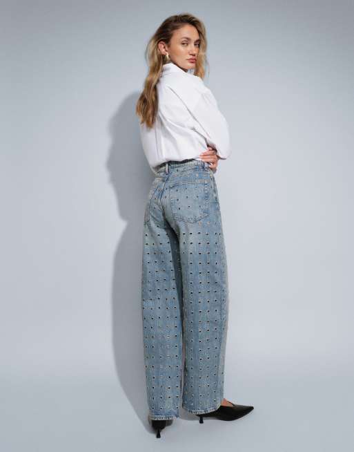 & Other Stories straight leg jeans with eyelets in mid wash blue, 3 of 5