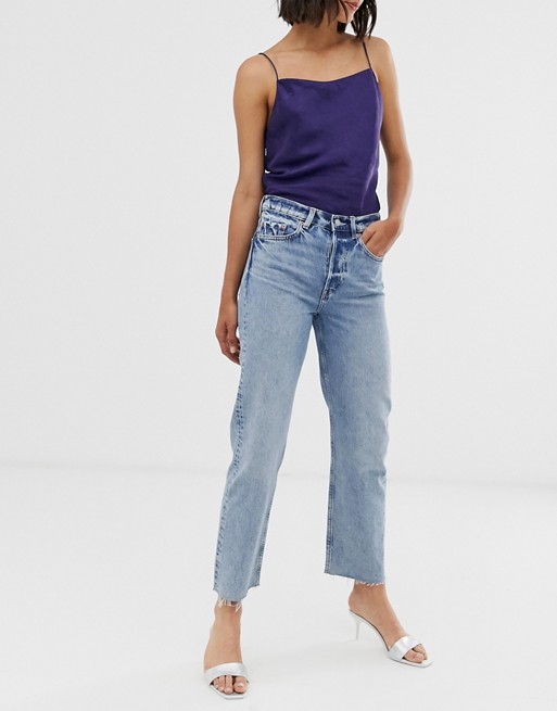 & Other Stories straight leg jeans with raw hem in mid blue | ASOS