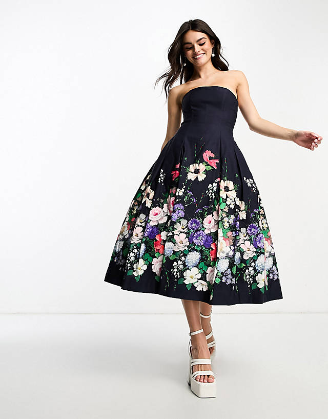 & Other Stories - strapless bustier voluminous midi dress in black floral print