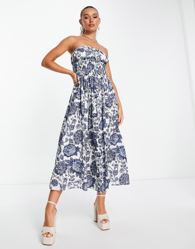 & Other Stories strapless maxi dress with tiered skirt and structured body in vintage floral print