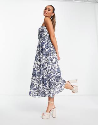 & Other Stories strapless maxi dress with tiered skirt and structured body in vintage floral print