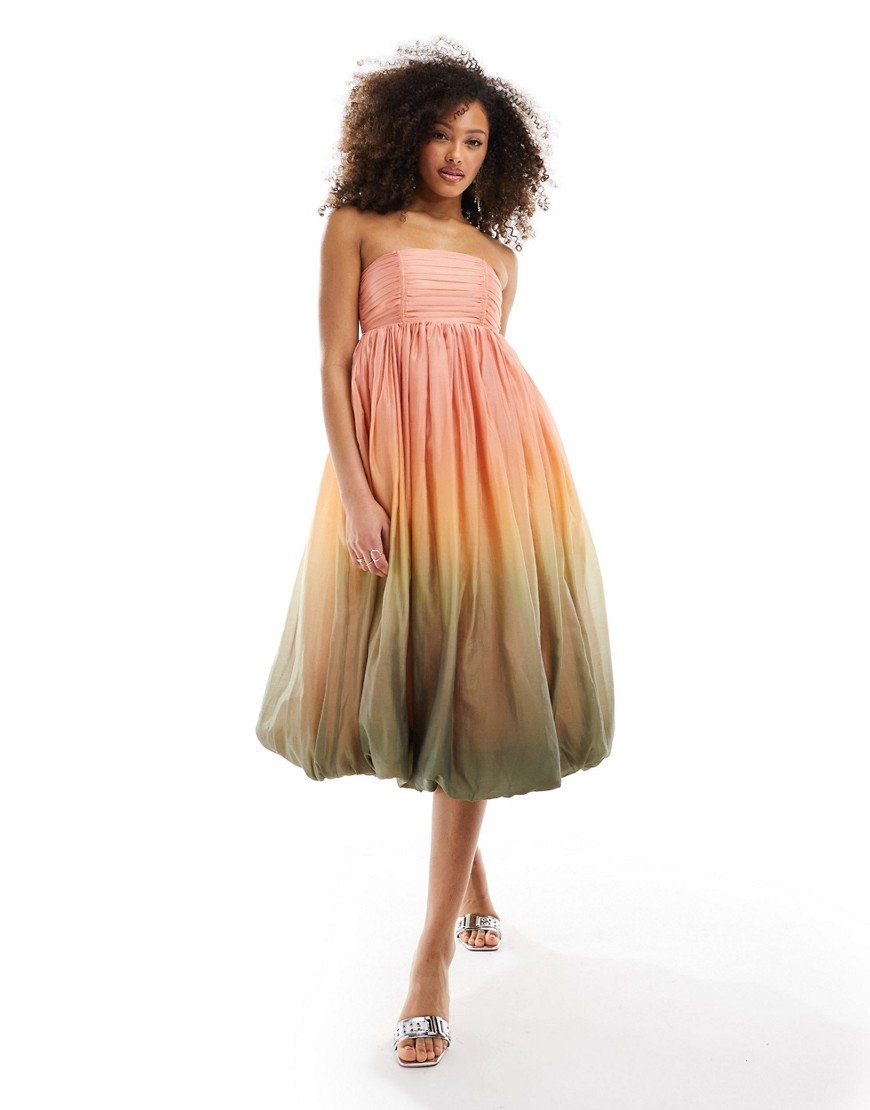 & Other Stories strapless midaxi dress with puffball hem in soft peach and sage ombre print-Multi