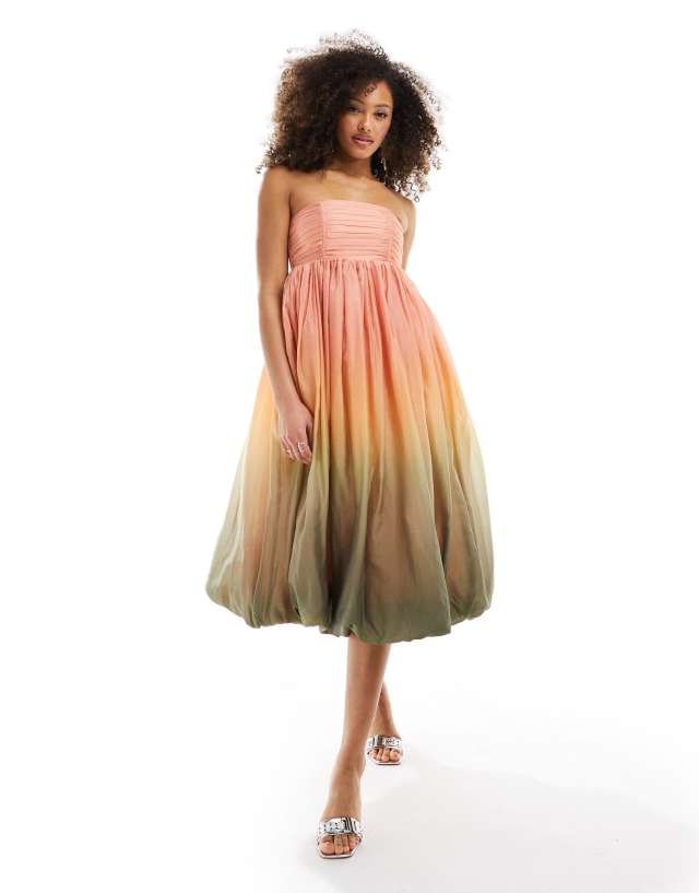 & Other Stories - strapless midaxi dress with puffball hem in soft peach and sage ombre print