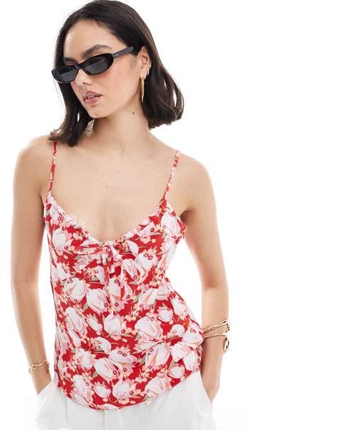 & Other Stories strappy cami top with front drawstring detail in red multi abstract floral - view 1