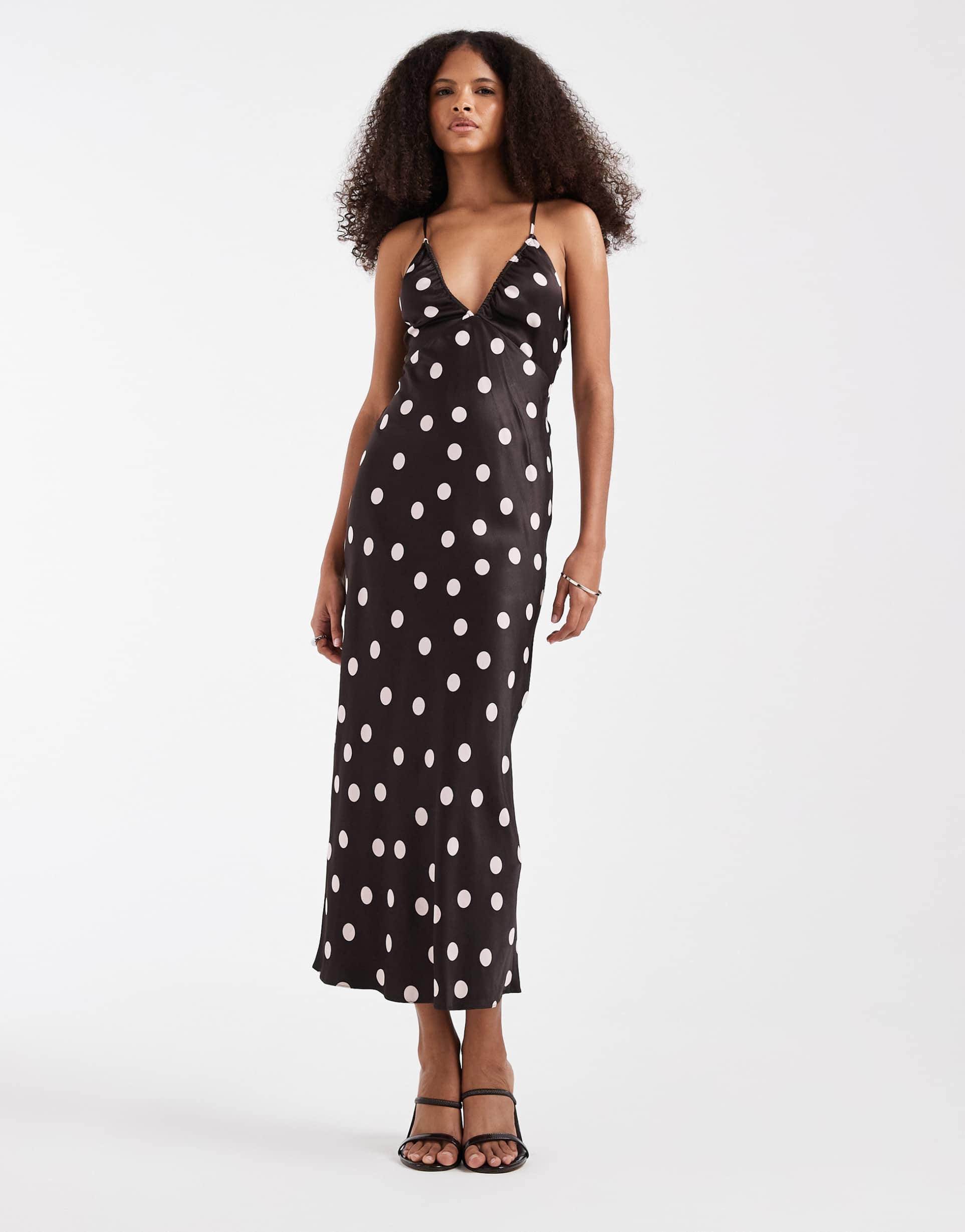& other stories strappy midi dress with cut out back detail in brown polka dot