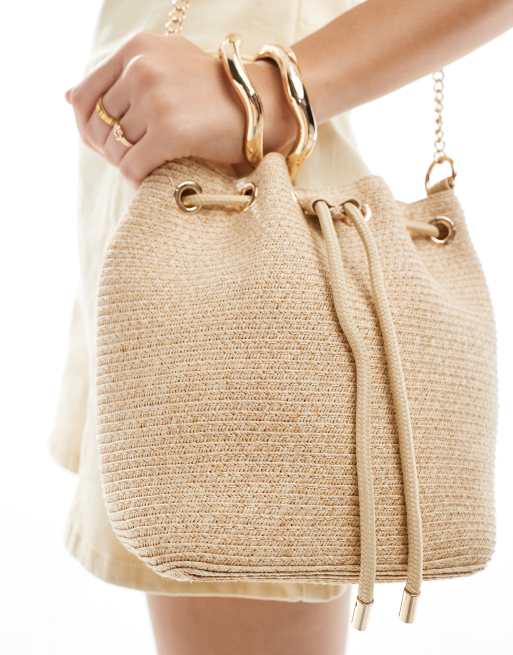 Other Stories straw bucket bag with gold chain strap in beige