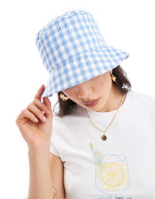 & Other Stories & Other Stories straw bucket hat in blue and white gingham-Multi