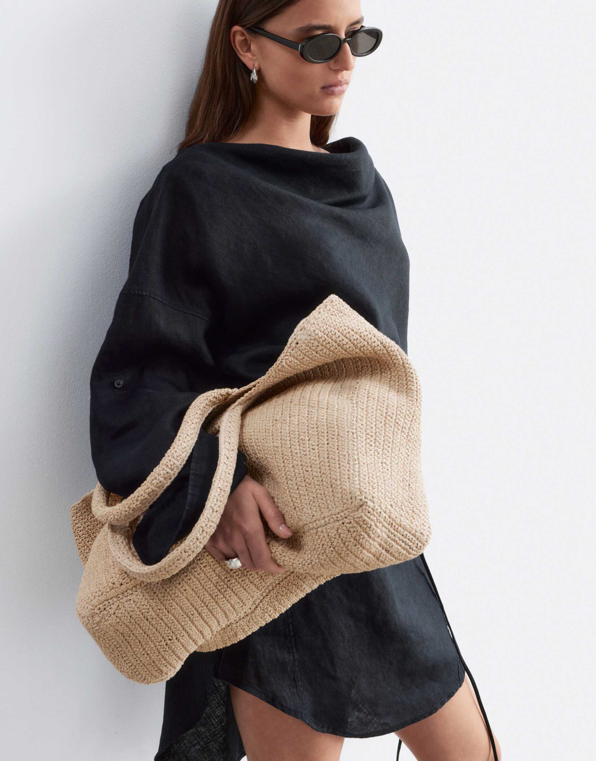 & other stories straw square tote bag with long handles in beige