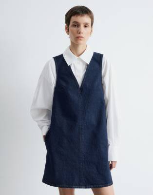 & Other Stories Stretch Denim V-neck Mini Dress With Front Seam In Blue