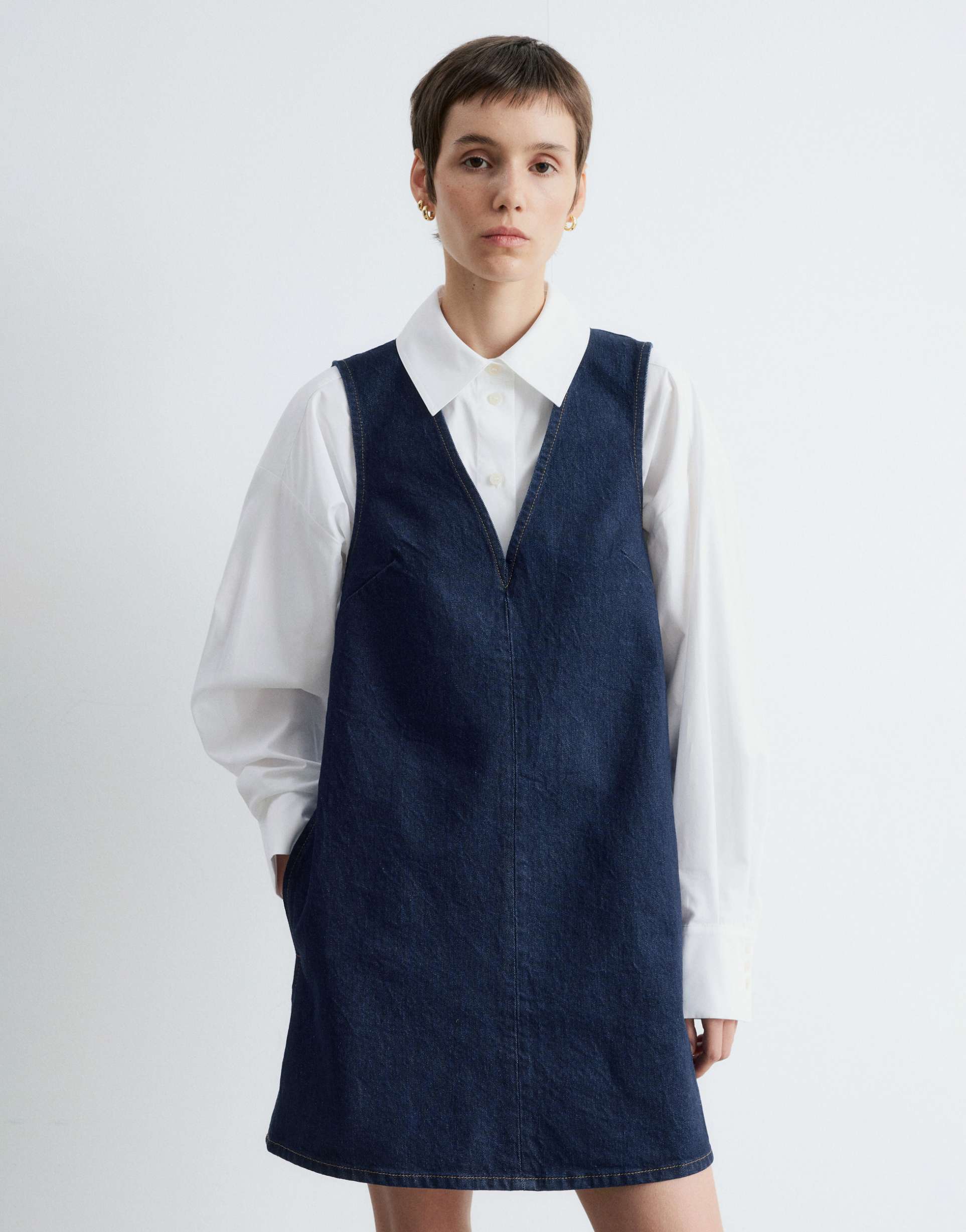 & other stories stretch denim v-neck mini dress with front seam in dark washed blue