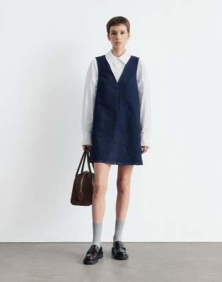 & Other Stories Stretch Denim V-neck Mini Dress With Front Seam In Blue