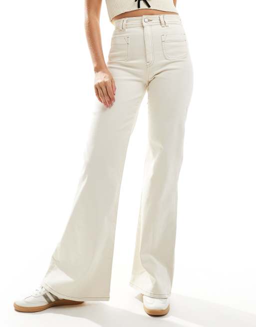 & Other Stories stretch high waist flared leg jeans with double belt loop detail and patch pockets in off white, 2 of 5