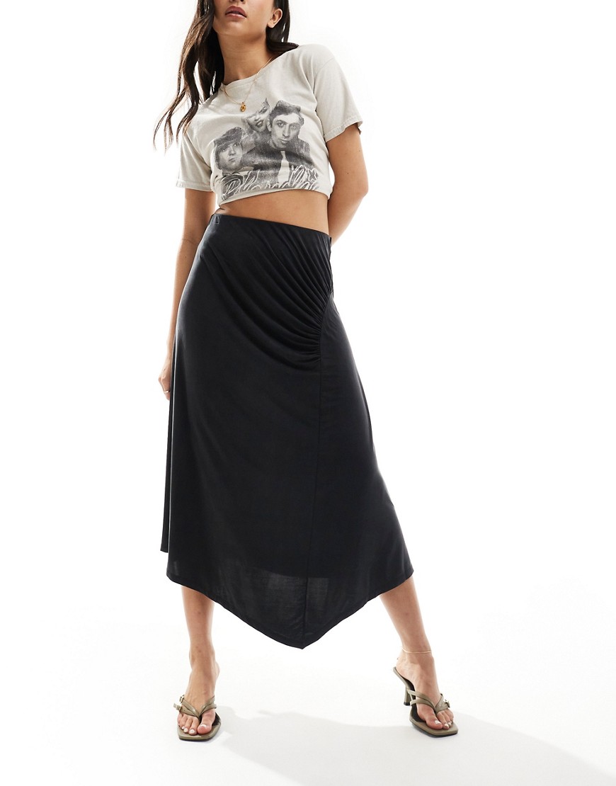 & Other Stories stretch jersey midi skirt with asymmetric drape detail in black