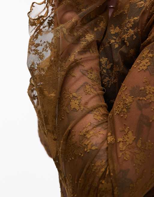 & Other Stories stretch lace long sleeve top with ruche side in brown, 3 of 4