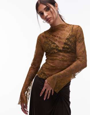 & Other Stories Stretch Lace Long Sleeve Top With Ruched Side In Brown