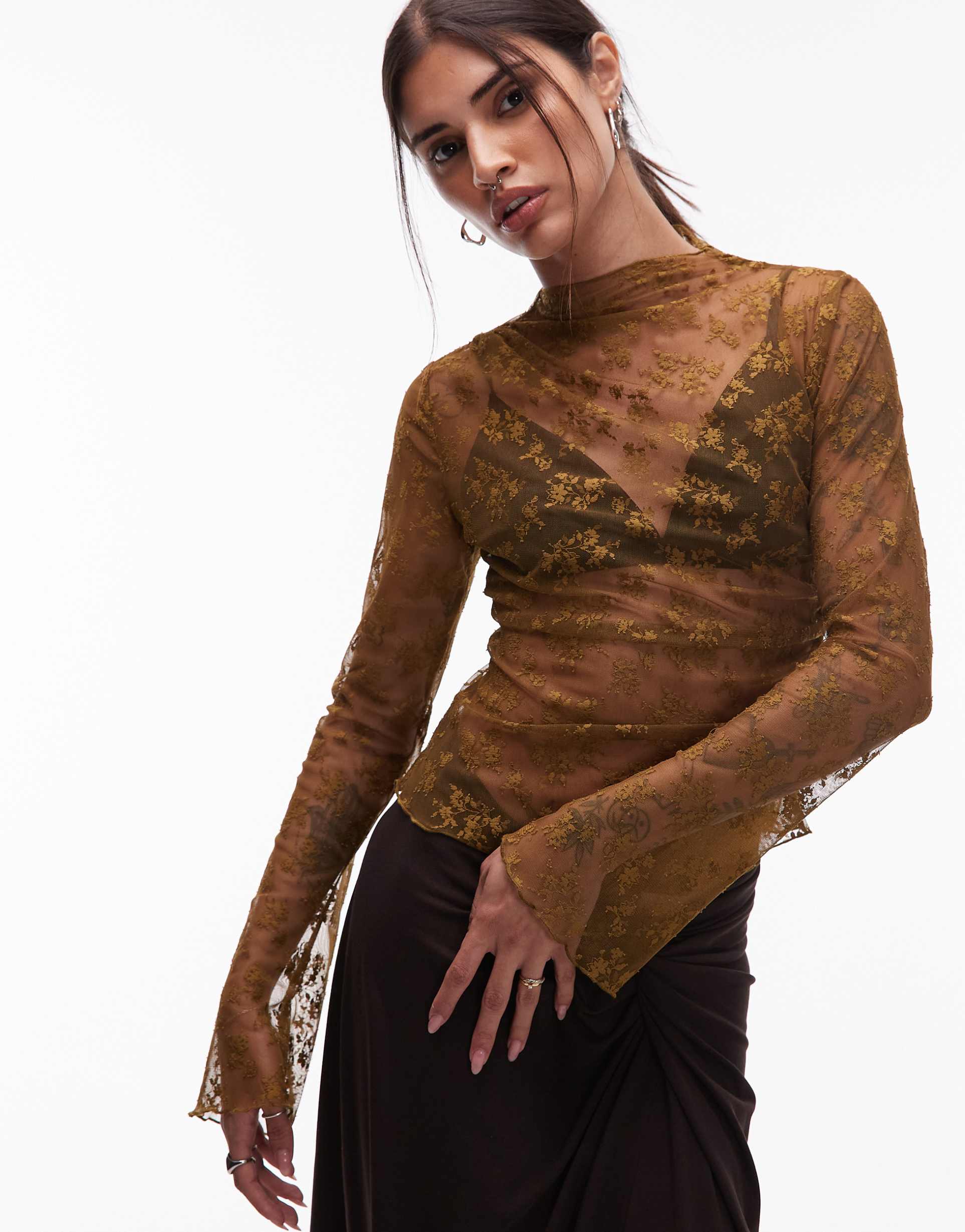 & other stories stretch lace long sleeve top with ruched side in brown