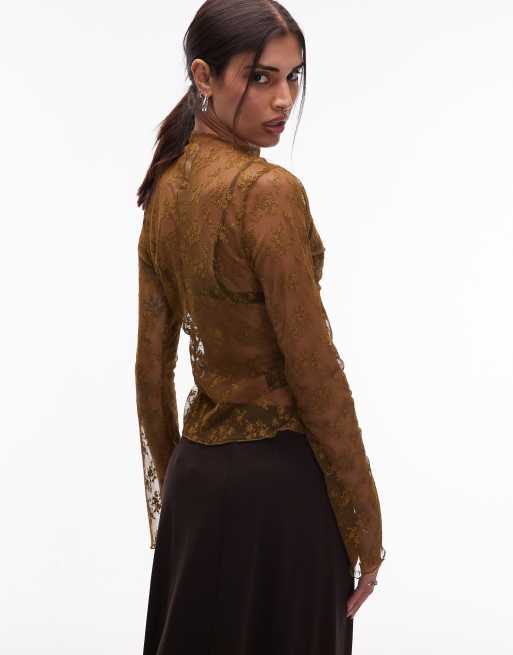 & Other Stories stretch lace long sleeve top with ruched side in brown