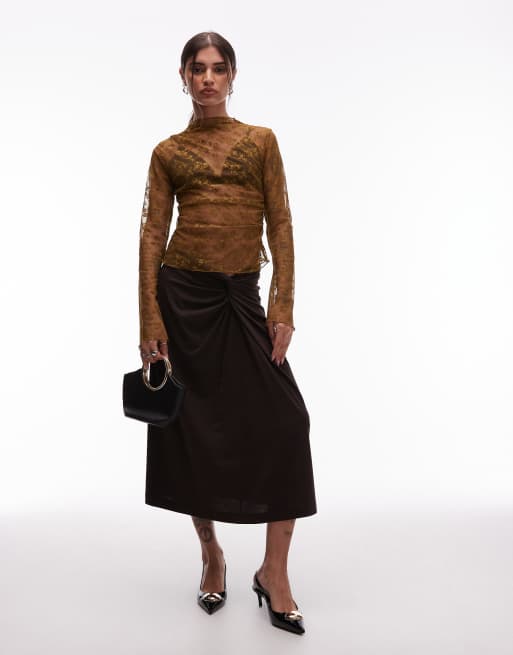 & Other Stories stretch lace long sleeve top with ruched side in brown