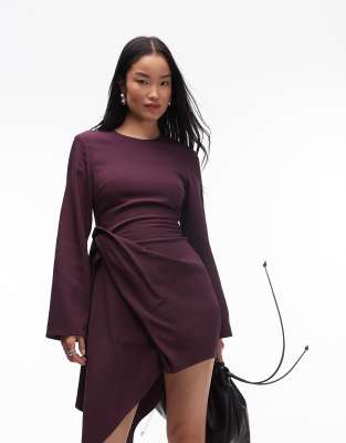 & Other Stories stretch mini dress with asymmetric draped train detail in burgundy-Purple