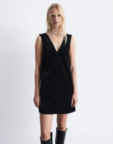 & Other Stories stretch velvet v-neck mini dress with front seam in black - view 1