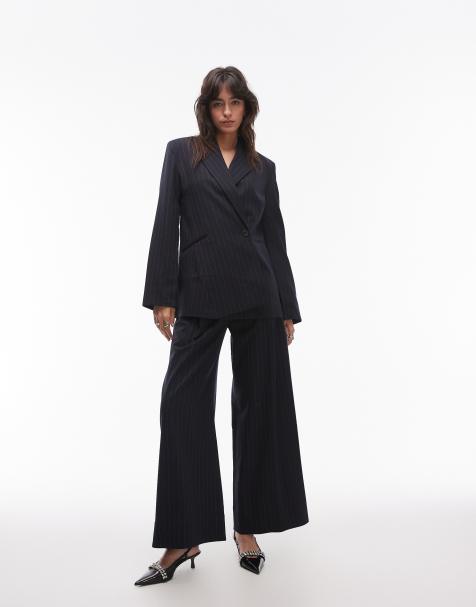 & Other Stories stretch wool blend blazer and pants set with deconstructed panel detail in blue pinstripe - view 1