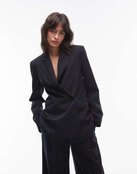 & Other Stories stretch wool blend blazer with deconstructed panel detail in navy blue pinstripe (part of a set) - view 1