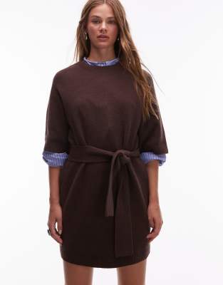 & Other Stories - Strick-Minikleid in Braun mit Gürtel und weiten Ärmeln-Brown