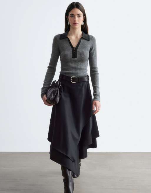 & Other Stories Strick-Poloshirt aus reiner Wolle mit gewebtem Kragen in Dunkelgrau, 4 von 4