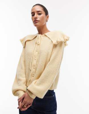 & Other Stories - Strickjacke aus Alpakawolle in Hellgelb mit großem Kragen zum Binden vorne