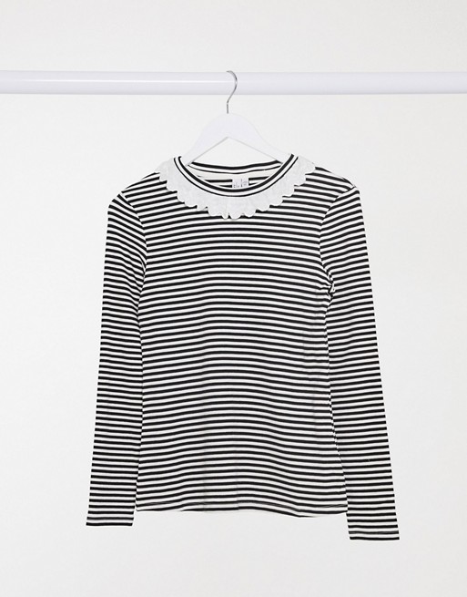 & Other Stories stripe jersey top with frill collar in navy and white