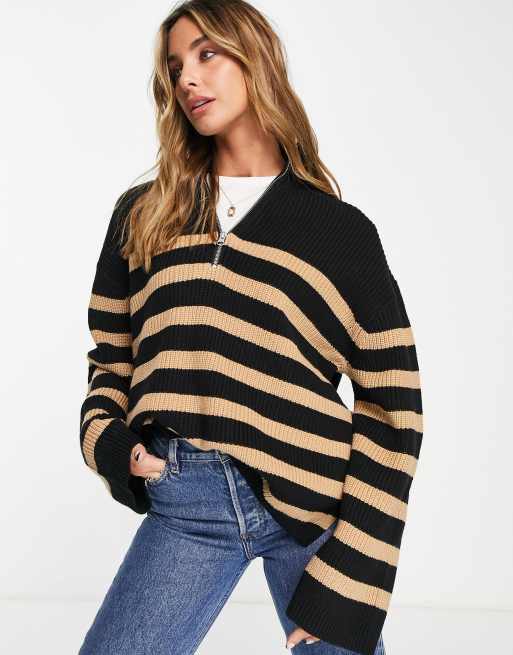 Other Stories striped zip up polyamide jumper in black and beige BLACK