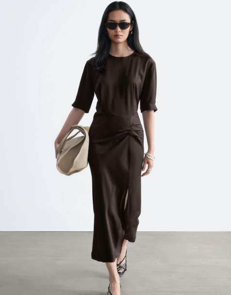 & Other Stories structured dress with ruched waist in dark brown 