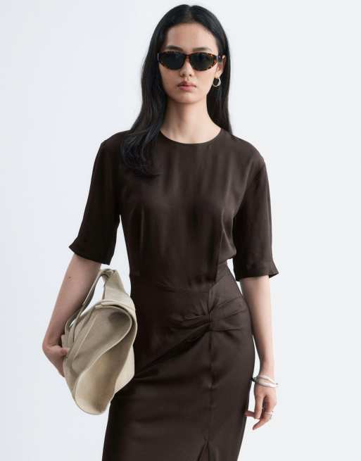 & Other Stories structured dress with ruched waist in dark brown , 2 of 4