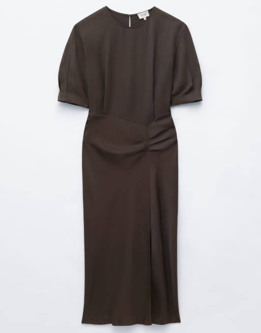 & Other Stories structured dress with ruched waist in dark brown , 4 of 4