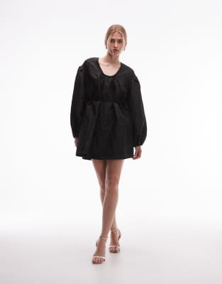& Other Stories Structured Jacquard Quality Mini Dress With Pleated Detail Sleeves In Black