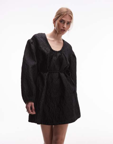 & Other Stories structured jacquard quality mini dress with pleated detailing sleeves in black - view 1