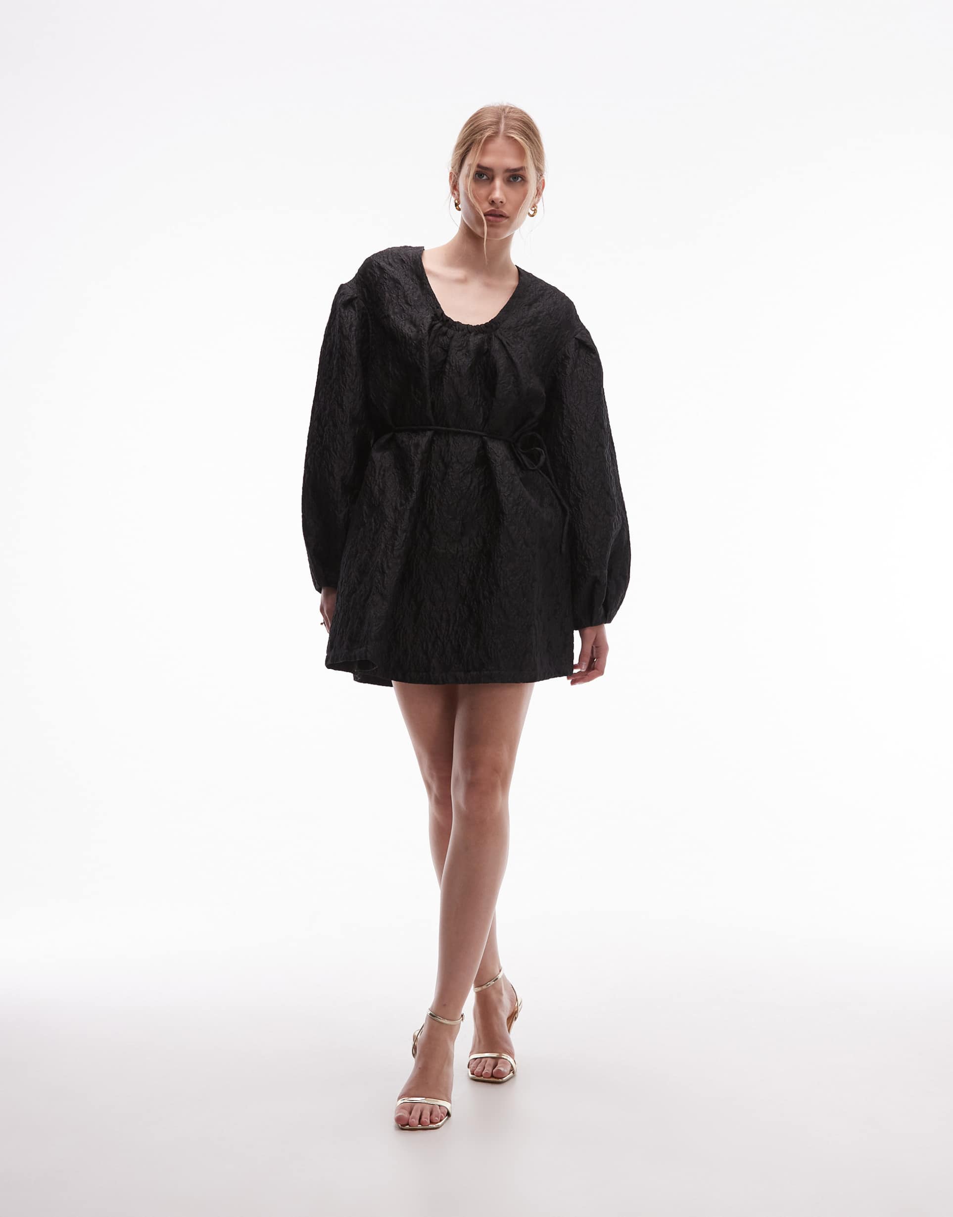 & other stories structured jacquard quality mini dress with pleated detailing sleeves in black