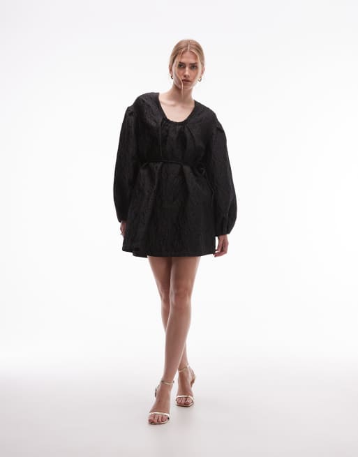 & Other Stories structured jacquard quality mini dress with pleated detailing sleeves in black, 2 of 4