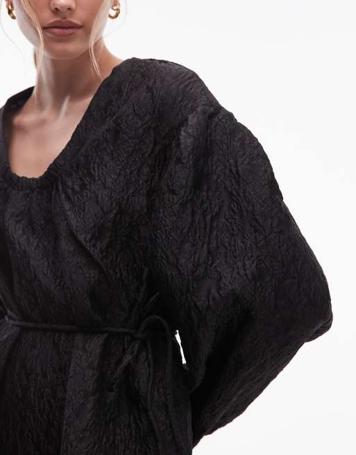 & Other Stories structured jacquard quality mini dress with pleated detailing sleeves in black, 3 of 4