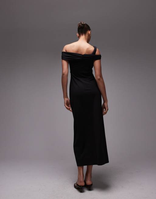 & Other Stories structured jersey midi dress with off-shoulder and metal clasp in black 