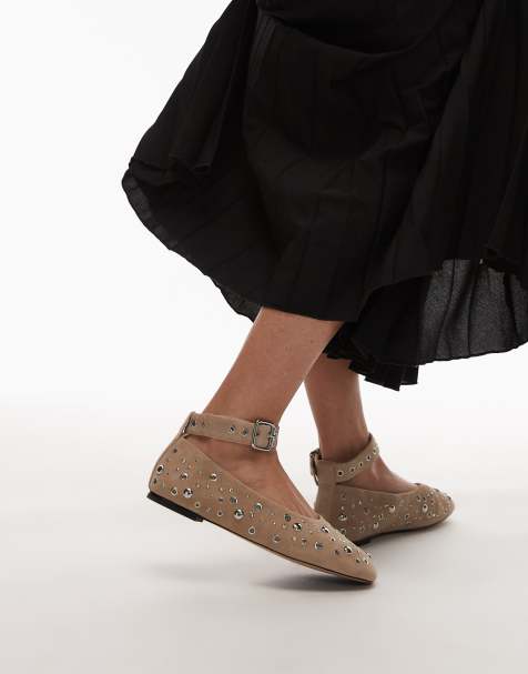 & Other Stories studded suede leather ballet flats with ankle strap in light beige - view 1