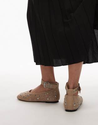 & Other Stories Studded Suede Leather Ballet Flats With Ankle Strap In Neutral