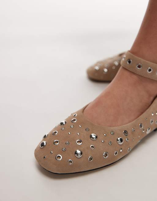 Ballet Flat Shoes T Strap Studded Flats Black Vegan Double Strap