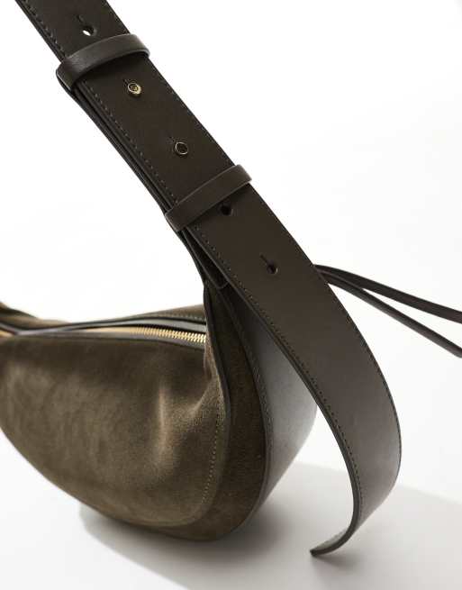 & Other Stories suede  half moon cross body bag in khaki, 2 of 4
