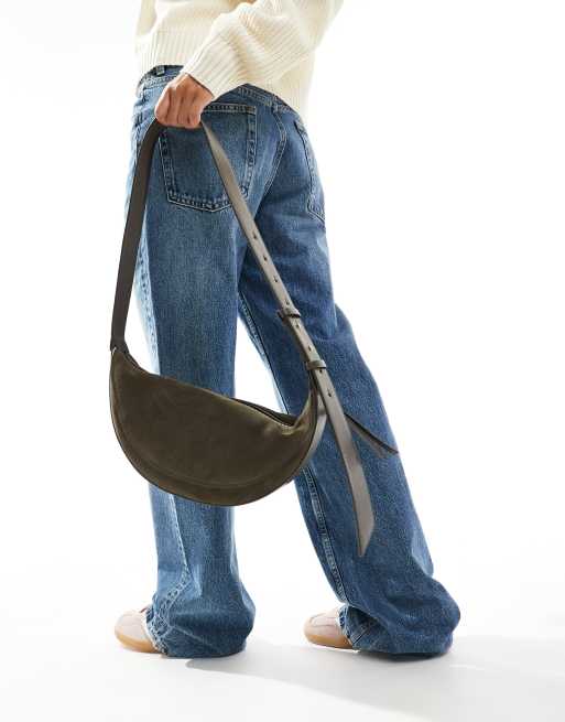 & Other Stories suede  half moon cross body bag in khaki, 3 of 4