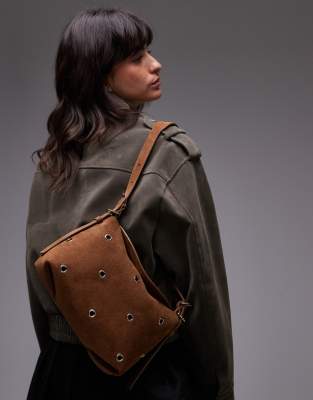 & Other Stories & Other Stories suede shoulder bag in cognac brown with metal eyelets