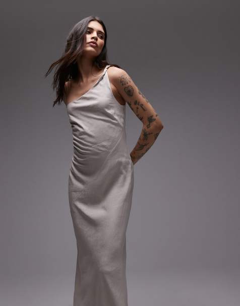 & Other Stories one shoulder linen midi dress with twisted strap detail in vintage white