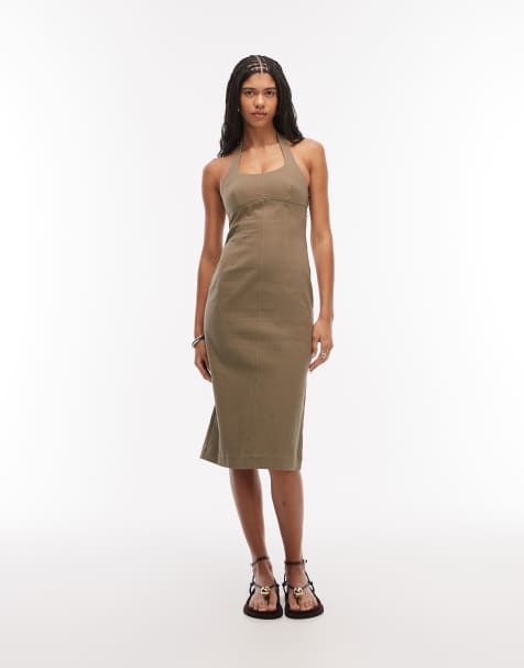 & Other Stories halter neck midi dress in dark khaki