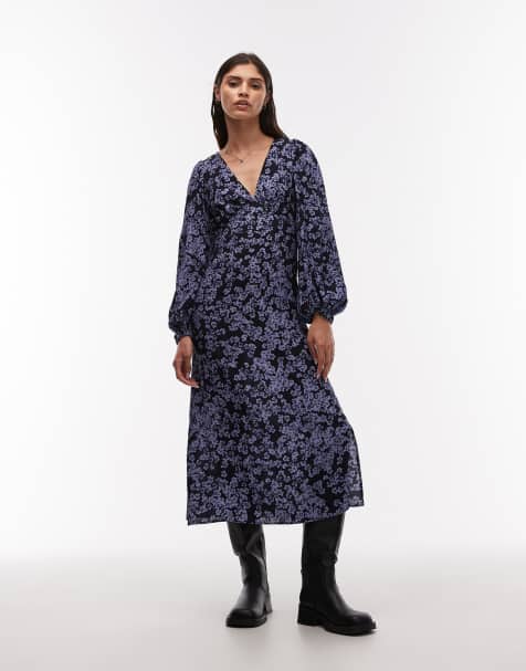 & Other Stories midi dress with side splits and volume sleeves in abstract ditsy floral print